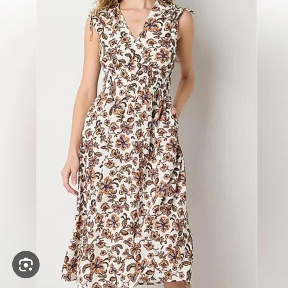 ANA A New Approach Womens XL Nura Floral Boho V-Neck Midi Dress White Orange